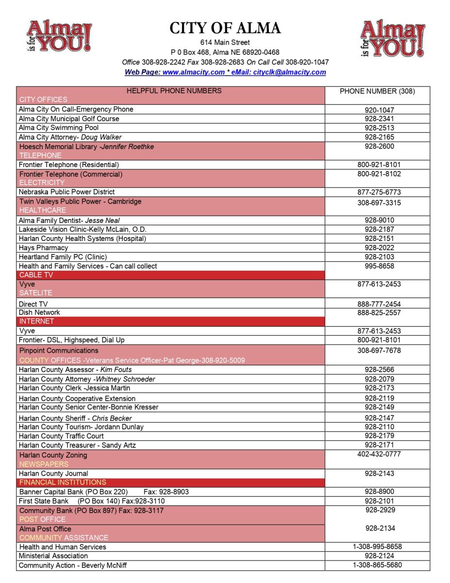 List of City of Alma Phone Numbers 